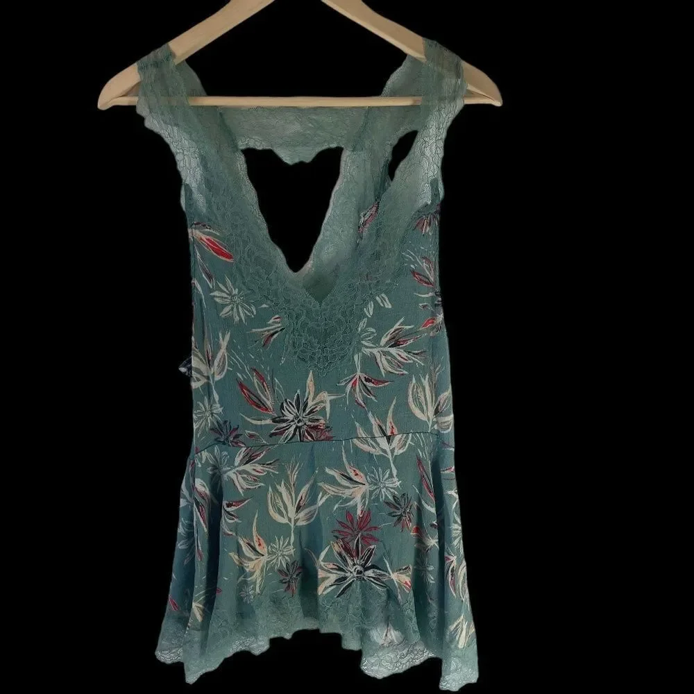 Intimately Free People Bellflower Teal Floral Lace Tank Sz M‎